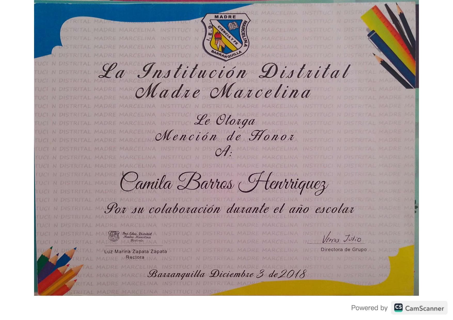 Mención de Honor - Colaboración Escolar