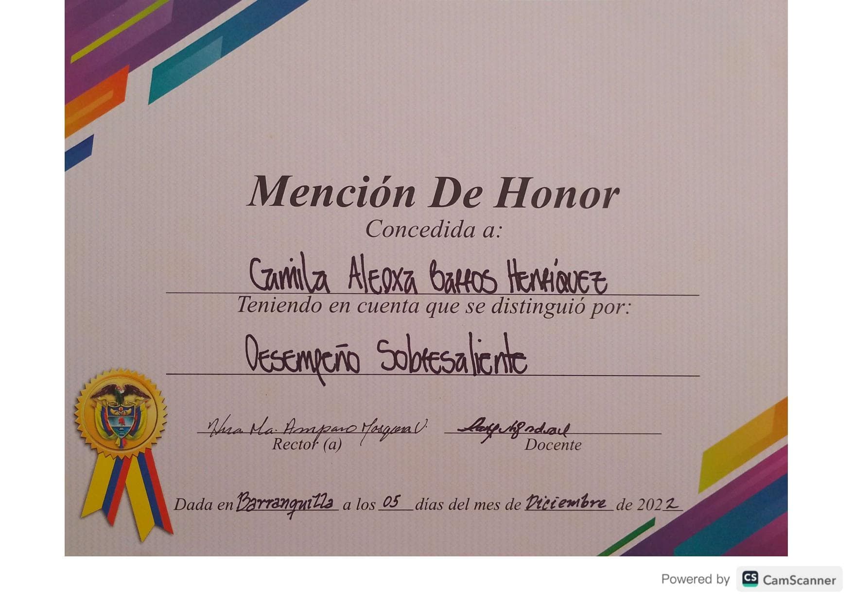 Mención de Honor - Desempeño Sobresaliente